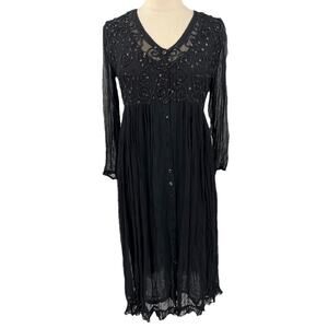 Vintage 90s Starina Black Crinkle Sequin Dress Grunge Gypsy Sheer Goth Maxi S
